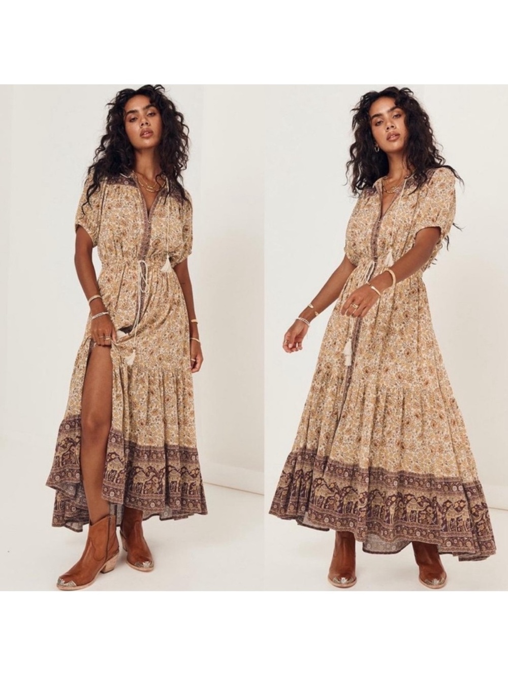 Spell sundown spice Boho Floral Midi Dress - Brown & Cream Paisley